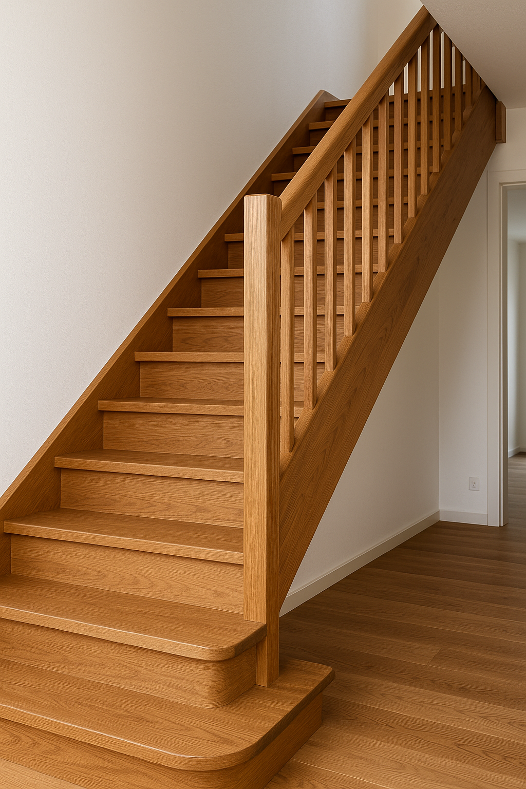 Geschlossene Wangentreppe mit lackierten Holzstufen